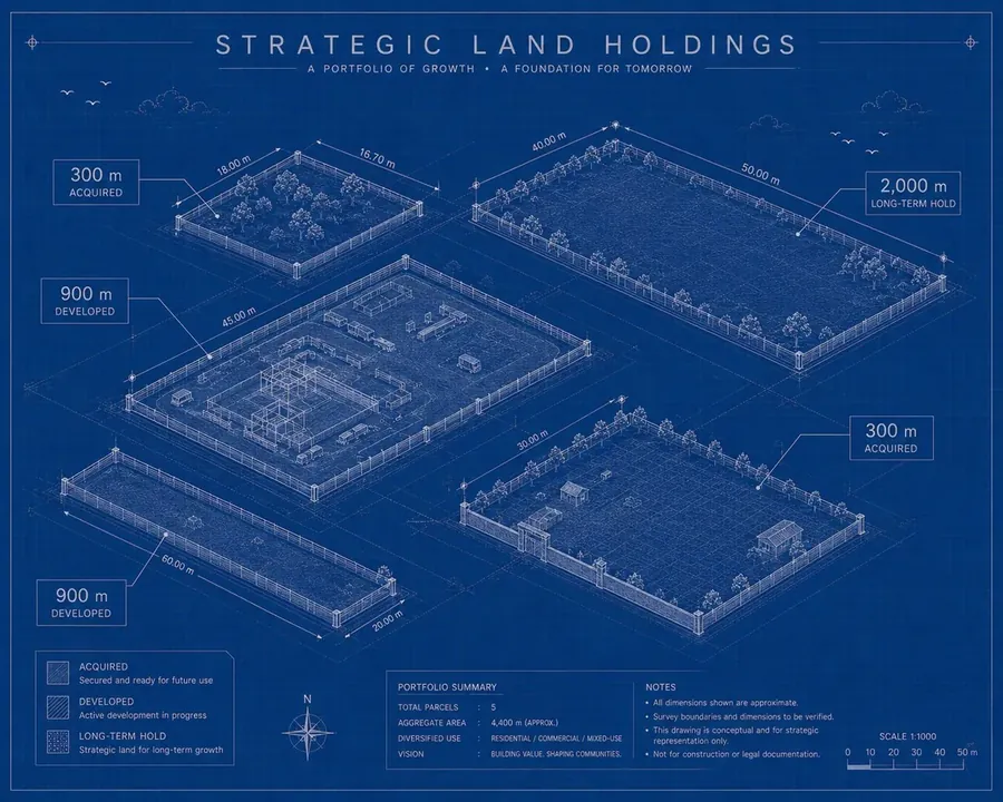 Blueprint axonometric of land parcels held by Alliance Developers across Greater Noida and the Yamuna corridor